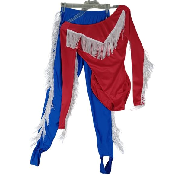 Vtg 80s USA Cheerleader Outfit Youth S/M Red/Blue Patriotic Fringe Stretch - Picture 1 of 16